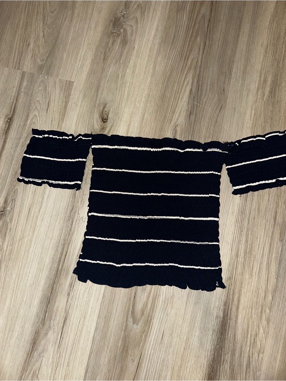 Poof! Navy and White Striped Off-the-Shoulder Sweater
